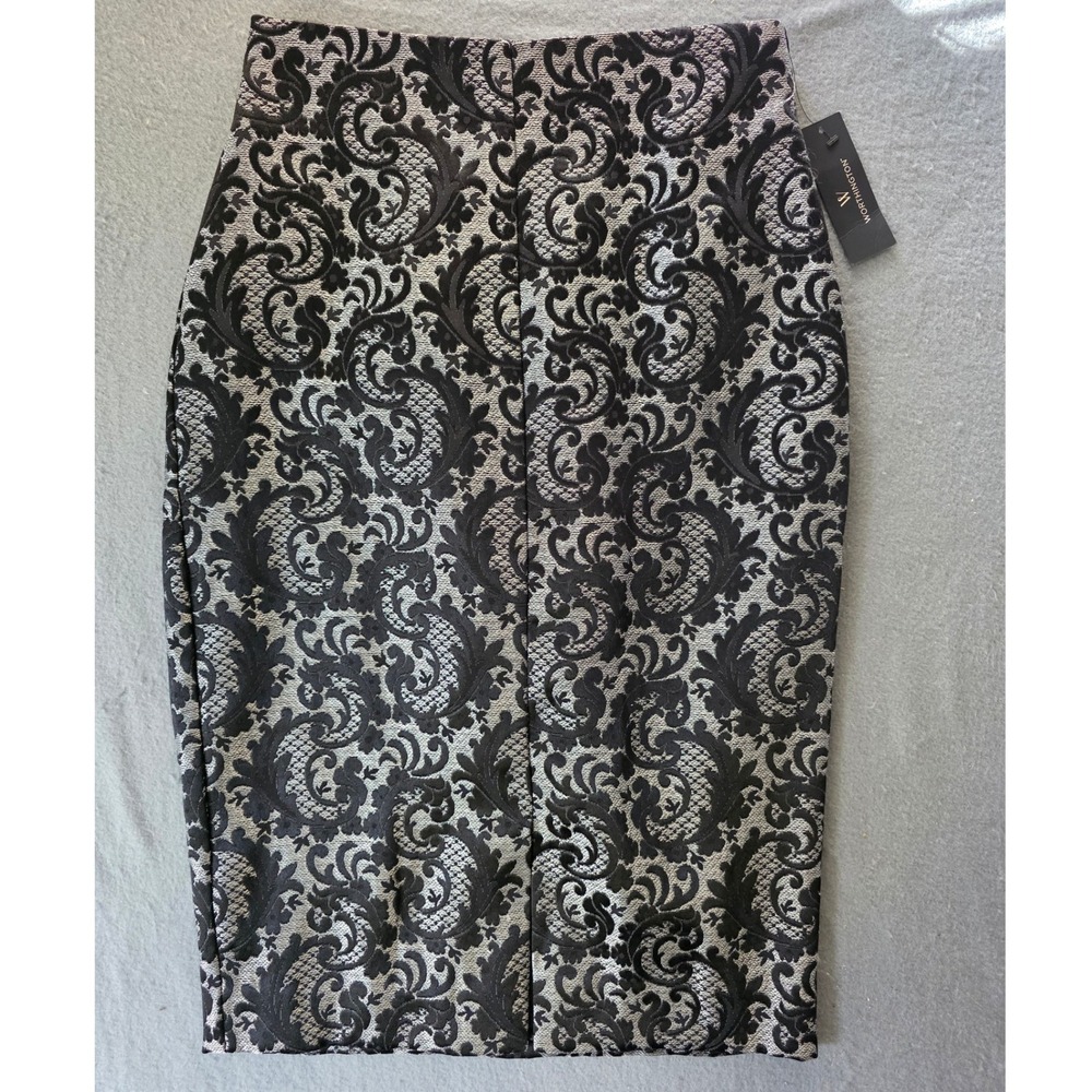 Worthington Womens Black Silver Damask Brocade Pencil Skirt Size 4 NWT
